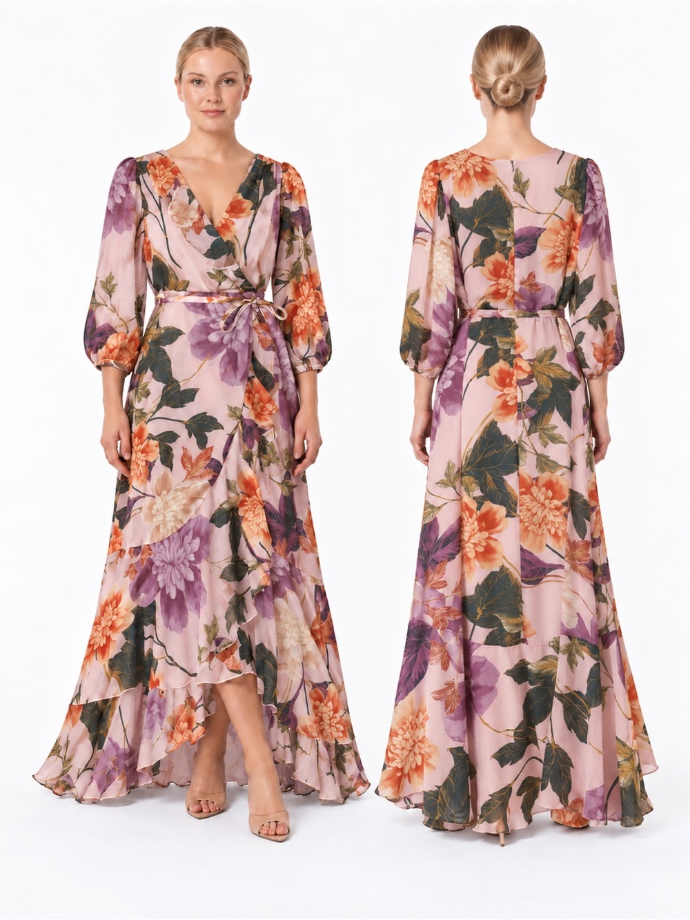 ELEGANT FLORAL WRAP MAXI DRESS 3/4 SLEEVE V-NECK TIERED RUFFLE HEM Women’s 16 - Picture 12 of 15